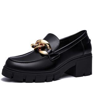 Athlefit W 9.5  Black Platform‎ Chunky Loafers  Slip on Lug Sole Business Loafer